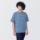 [무인양품]  남성 워싱 태번수 보트넥 5부소매 티셔츠 (오버핏 반팔) SMOKY BLUExPATTERN